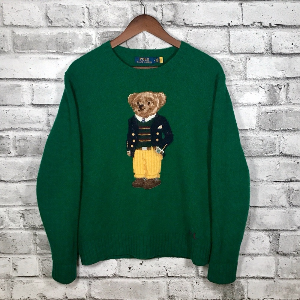 Polo Ralph Lauren Green Bear Crewneck Sweater Medium Wool
